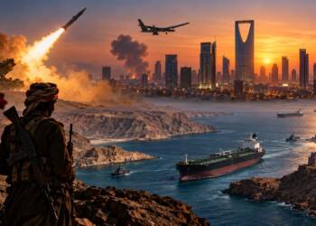 Saudi Houthi conflict depicted with a missile launch, drone, oil tanker traffic, and Riyadh skyline amid rising regional tensions.