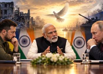 India's ceasefire proposal for ending the Ukraine war, with Indian, Ukrainian and Russian leaders discussing peace amid scenes of conflict and diplomacy.