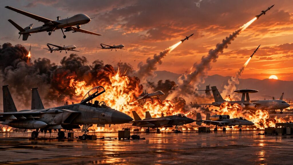 US aircraft losses Iran war: Military aircraft and drones face explosions and missile strikes at an airbase during a large-scale conflict