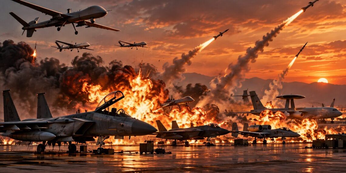 US aircraft losses Iran war: Military aircraft and drones face explosions and missile strikes at an airbase during a large-scale conflict