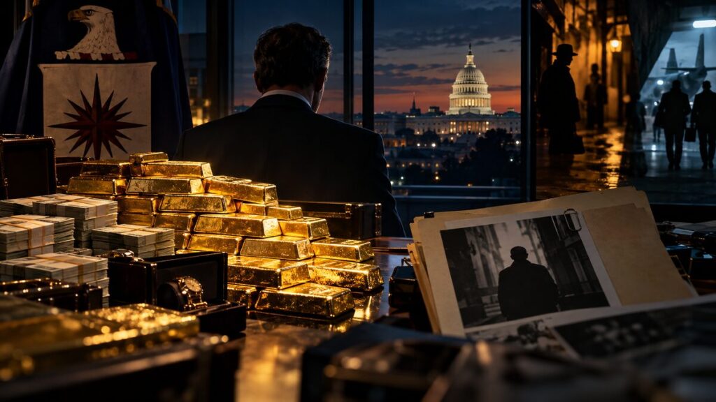 CIA official sitting before a table of gold bars and cash, with the US Capitol and shadowy intelligence figures in the background.