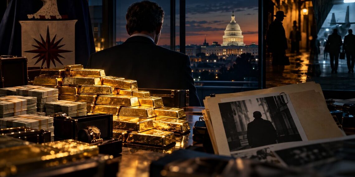 CIA official sitting before a table of gold bars and cash, with the US Capitol and shadowy intelligence figures in the background.