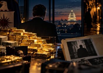 CIA official sitting before a table of gold bars and cash, with the US Capitol and shadowy intelligence figures in the background.