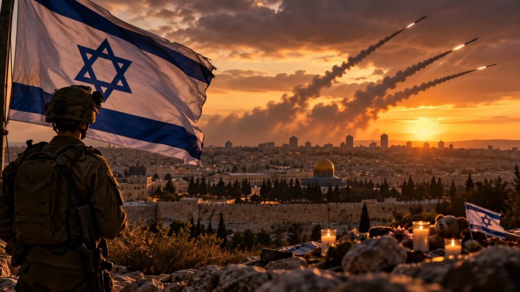 Israeli soldier standing beside an Israeli flag overlooking Jerusalem at sunset, with memorial candles in the foreground and rockets crossing the sky, three years after October 7.
