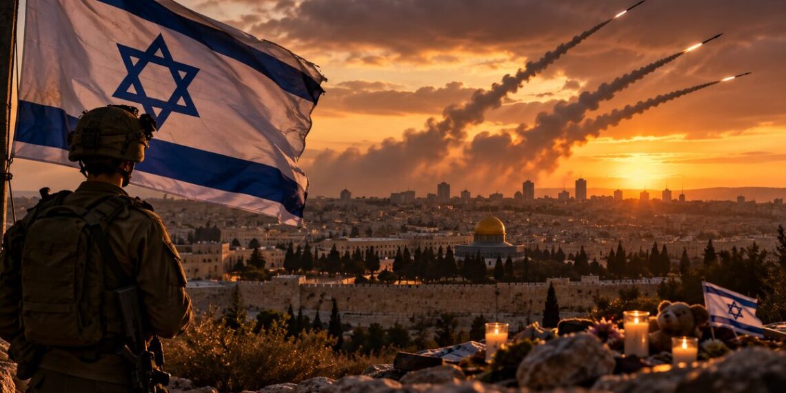 Israeli soldier standing beside an Israeli flag overlooking Jerusalem at sunset, with memorial candles in the foreground and rockets crossing the sky, three years after October 7.