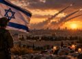 Israeli soldier standing beside an Israeli flag overlooking Jerusalem at sunset, with memorial candles in the foreground and rockets crossing the sky, three years after October 7.