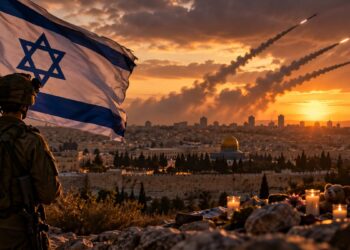 Israeli soldier standing beside an Israeli flag overlooking Jerusalem at sunset, with memorial candles in the foreground and rockets crossing the sky, three years after October 7.
