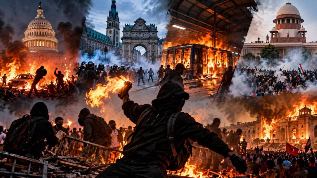 Left-wing anarchy depicted through violent protests, burning vehicles, barricades, tear gas and clashes between protesters and police across major cities.