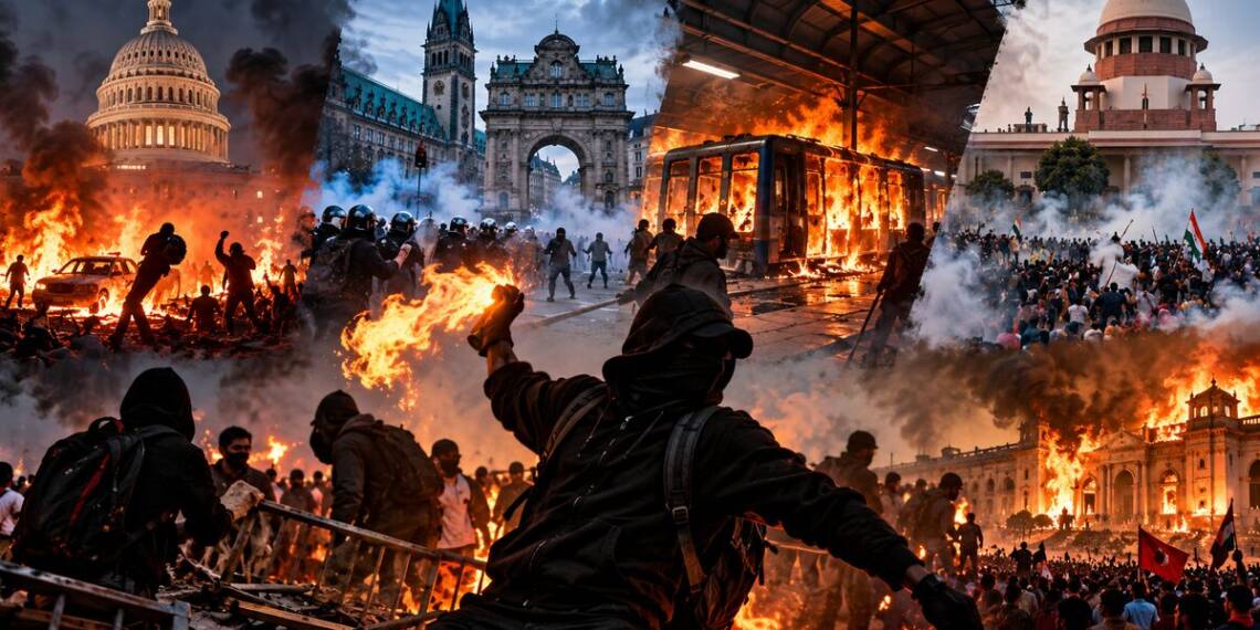 Left-wing anarchy depicted through violent protests, burning vehicles, barricades, tear gas and clashes between protesters and police across major cities.