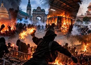 Left-wing anarchy depicted through violent protests, burning vehicles, barricades, tear gas and clashes between protesters and police across major cities.