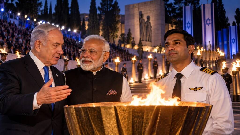 Benjamin Netanyahu with Narendra Modi and an Indian pilot at a ceremonial flame for the Israel Independence Day torch.
