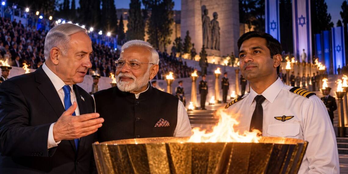 Benjamin Netanyahu with Narendra Modi and an Indian pilot at a ceremonial flame for the Israel Independence Day torch.