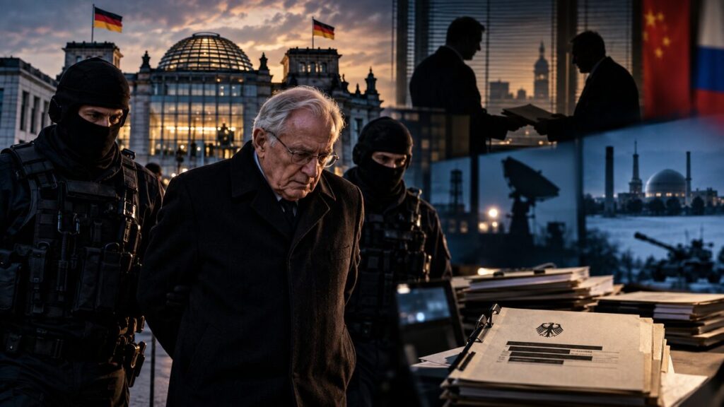 August Hanning escorted by German officers during an espionage investigation, with classified documents and Berlin landmarks in the background.