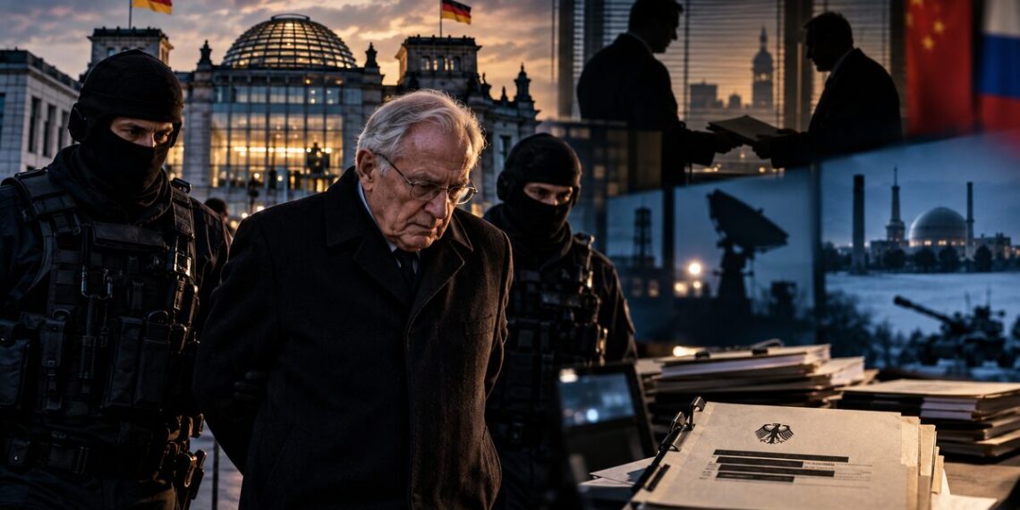 August Hanning escorted by German officers during an espionage investigation, with classified documents and Berlin landmarks in the background.