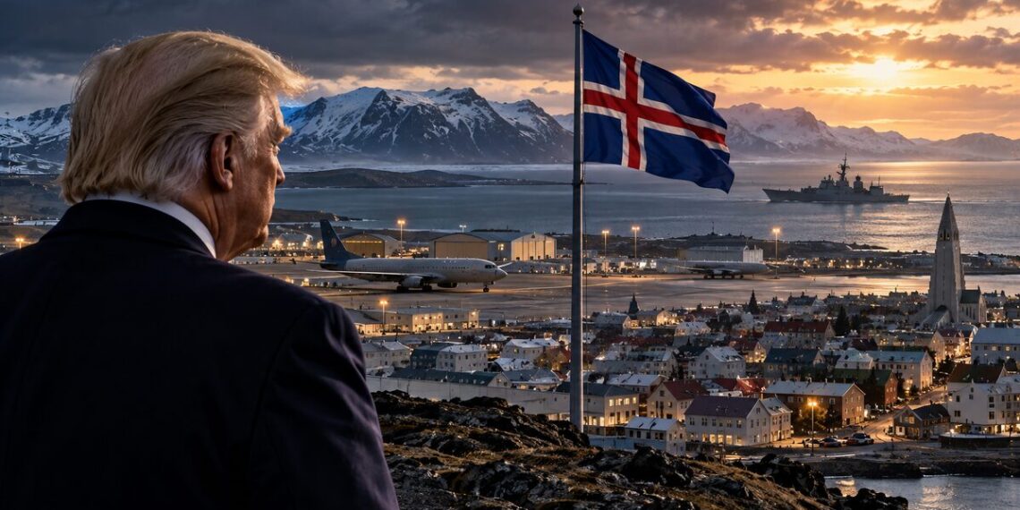 Iceland after Greenland: Donald Trump overlooks Reykjavik as Iceland’s flag flies above a strategic Arctic landscape featuring a military airbase, naval vessel and snow-covered mountains.