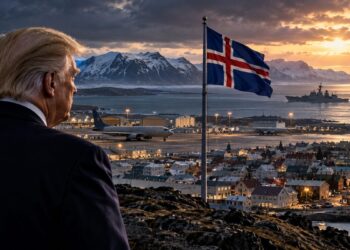 Iceland after Greenland: Donald Trump overlooks Reykjavik as Iceland’s flag flies above a strategic Arctic landscape featuring a military airbase, naval vessel and snow-covered mountains.