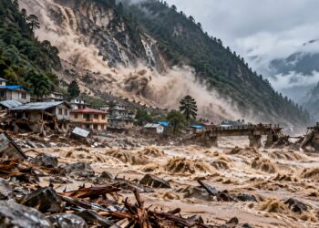 Nepal flash flood triggered by a massive landslide in a Himalayan valley, destroying riverside homes and bridges as muddy floodwaters carry rocks and debris downstream.