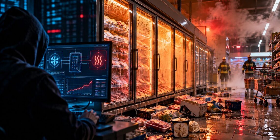 France supermarket cyberattack disrupts refrigeration systems, causing food to spoil amid smoke and overheating freezers.