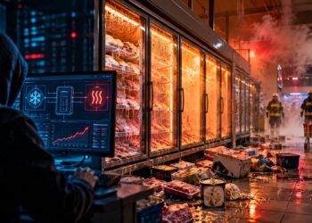France supermarket cyberattack disrupts refrigeration systems, causing food to spoil amid smoke and overheating freezers.