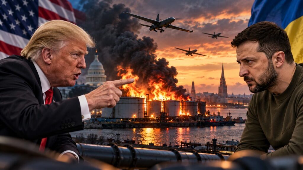 Trump Zelensky row over Ukrainian drone strikes on Russian oil infrastructure, highlighting tensions between Washington and Kyiv amid the ongoing Russia-Ukraine war.