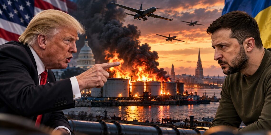 Trump Zelensky row over Ukrainian drone strikes on Russian oil infrastructure, highlighting tensions between Washington and Kyiv amid the ongoing Russia-Ukraine war.