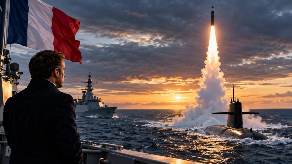 France nuclear missile test showing a French ballistic missile launching from a submarine into the Atlantic Ocean during a naval exercise.
