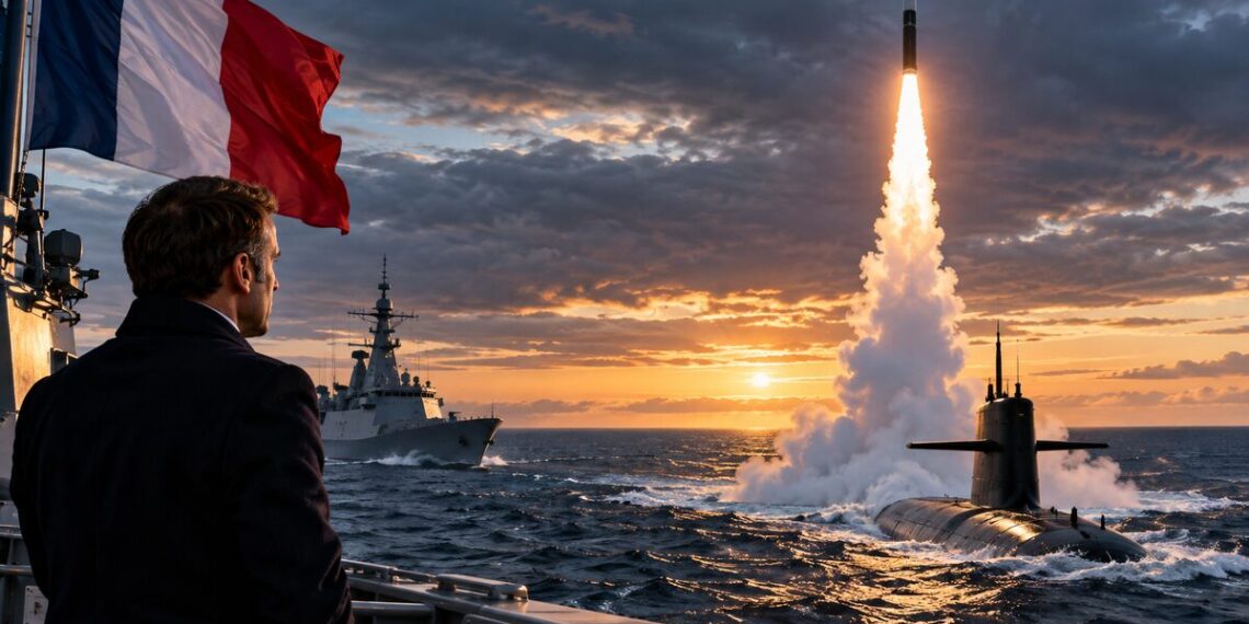 France nuclear missile test showing a French ballistic missile launching from a submarine into the Atlantic Ocean during a naval exercise.