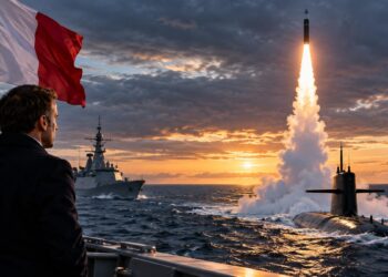 France nuclear missile test showing a French ballistic missile launching from a submarine into the Atlantic Ocean during a naval exercise.