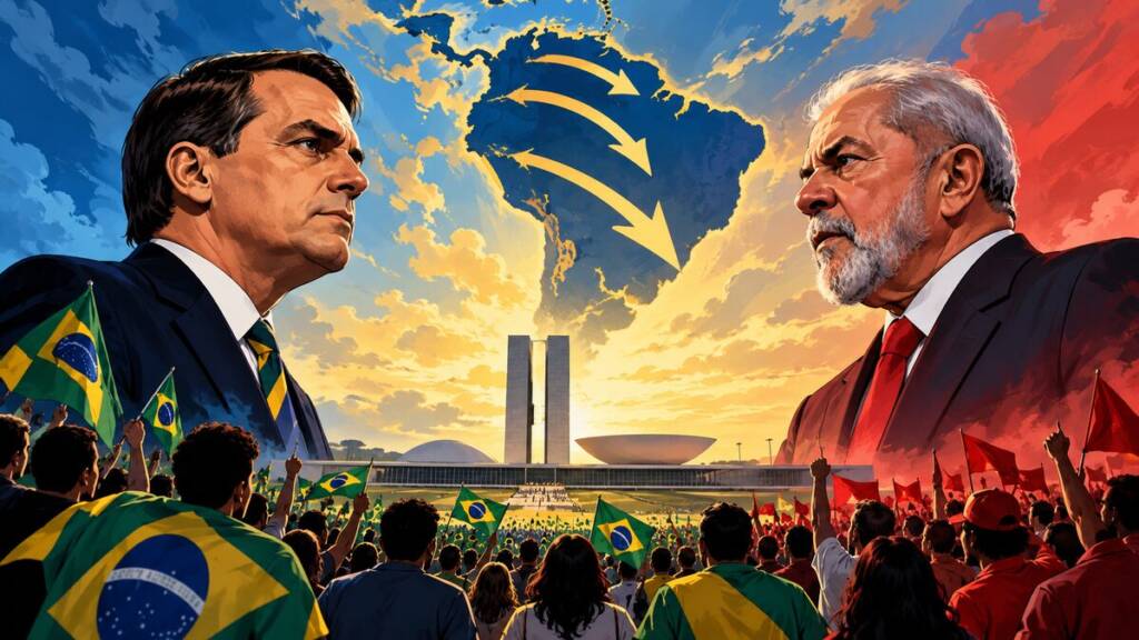 Brazil election 2026 — political leaders face off against a backdrop of Brazil’s Congress, divided crowds, and national colours symbolising the country’s left-right political