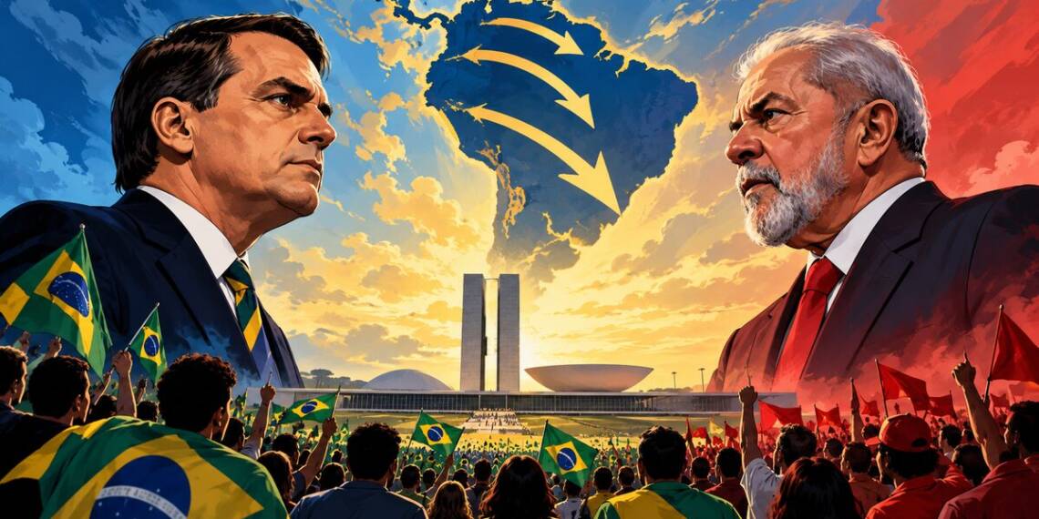 Brazil election 2026 — political leaders face off against a backdrop of Brazil’s Congress, divided crowds, and national colours symbolising the country’s left-right political