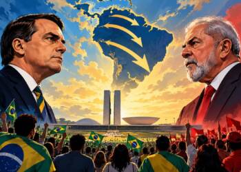 Brazil election 2026 — political leaders face off against a backdrop of Brazil’s Congress, divided crowds, and national colours symbolising the country’s left-right political