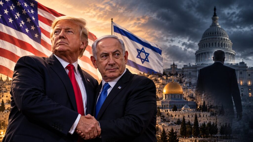 rump endorsed Netanyahu as the US and Israeli leaders stand together against the backdrop of American and Israeli flags, with Jerusalem and the US Capitol symbolising Israel’s strategic ties with Washington and uncertainty over future US support.