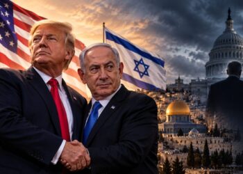 rump endorsed Netanyahu as the US and Israeli leaders stand together against the backdrop of American and Israeli flags, with Jerusalem and the US Capitol symbolising Israel’s strategic ties with Washington and uncertainty over future US support.