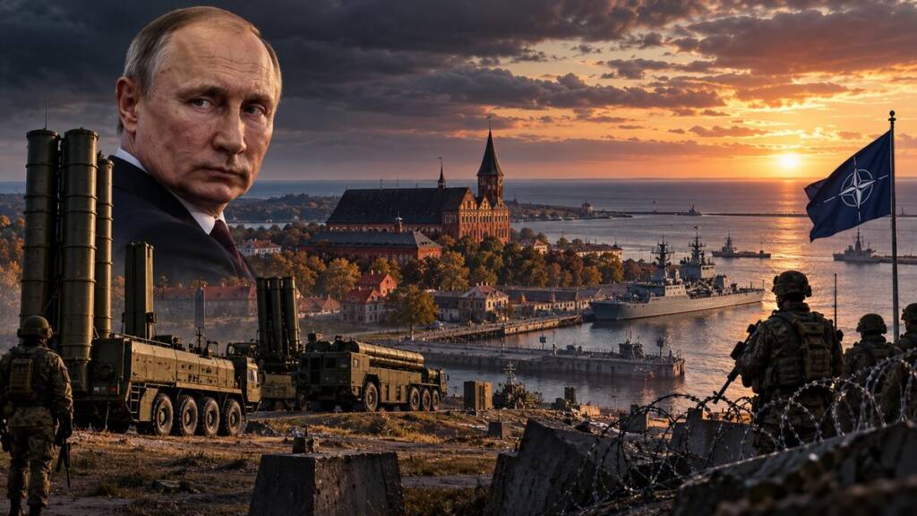 Cinematic depiction of Vladimir Putin overlooking fortified Kaliningrad, with Russian missile systems and naval vessels facing NATO forces across the Baltic Sea at sunset. Putin Kaliningrad warning