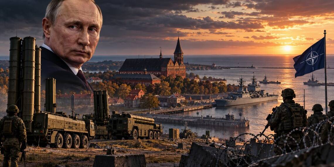 Cinematic depiction of Vladimir Putin overlooking fortified Kaliningrad, with Russian missile systems and naval vessels facing NATO forces across the Baltic Sea at sunset. Putin Kaliningrad warning