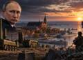 Cinematic depiction of Vladimir Putin overlooking fortified Kaliningrad, with Russian missile systems and naval vessels facing NATO forces across the Baltic Sea at sunset. Putin Kaliningrad warning