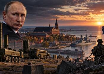Cinematic depiction of Vladimir Putin overlooking fortified Kaliningrad, with Russian missile systems and naval vessels facing NATO forces across the Baltic Sea at sunset. Putin Kaliningrad warning